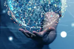 Digital data sphere held in human hands representing global tech