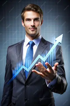 Business man showing upward digital growth graph for ROI or marketing success
