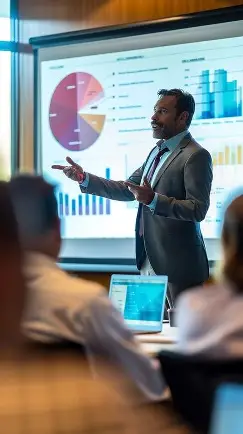 Man giving a business presentation with charts to an audience