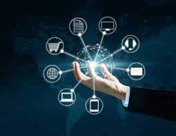 Hand interacting with digital icons representing business technology and online services